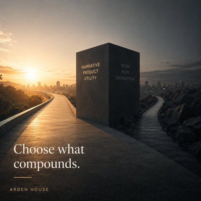 A conceptual image shows a monolith at a crossroads with the left path labeled 'NARRATIVE PRODUCT UTILITY' and the right labeled 'NOISE HYPE DISTRACTION', captioned 'Choose what compounds' and 'ARDEN HOUSE'.