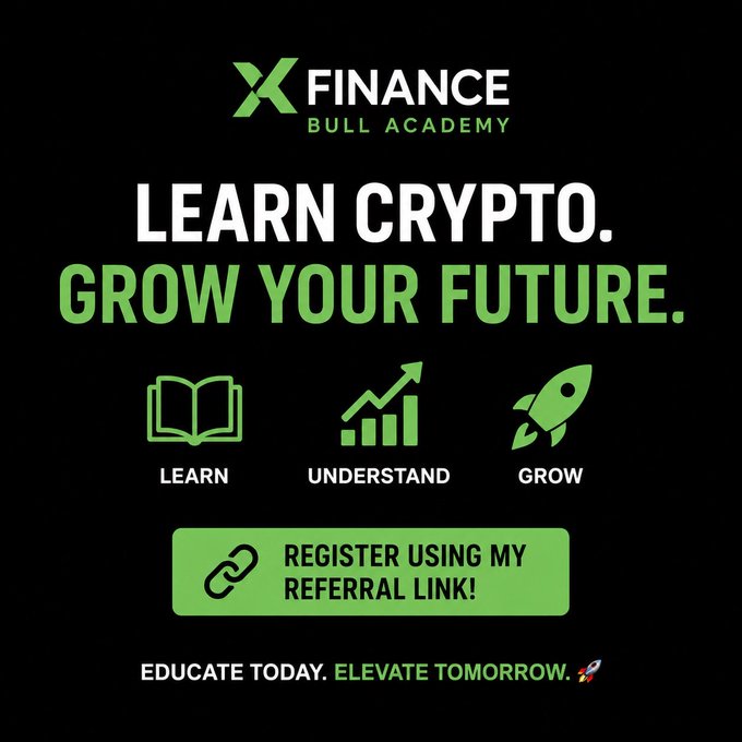The image is a promotional graphic for "X Finance Bull Academy" featuring the tagline "Learn Crypto. Grow Your Future." with three icon-based steps—Learn, Understand, Grow—and a green call-to-action button to register via a referral link, reinforcing the post's message about learning the fundamentals of networks like XRP and XLM rather than relying on short-term price action.