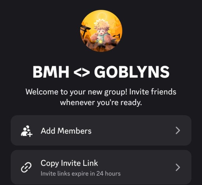 A mobile app screen for the Roblox game 'BMH' showing a group invite page titled 'BMH <> GOBLYNS' with options to 'Add Members' or 'Copy Invite Link'.
