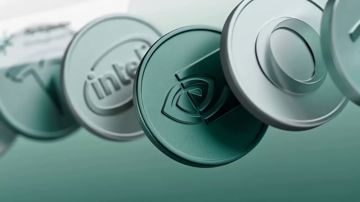 The image features a row of five silver coins with various logos such as Intel, Facebook, and Google. These coins are arranged vertically against a green background, creating an interesting visual effect. The text "The next decade of equities runs on programmable rails" is also present in the image, which suggests that these coins might be related to technology or finance.