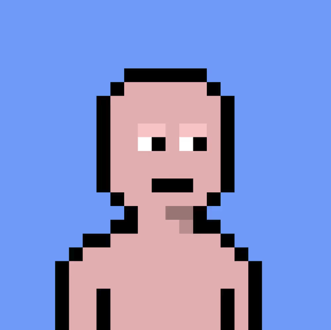 A simple pixel art image of a bald, expressionless man on a solid blue background.