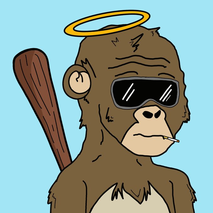 A cartoon illustration of a monkey or ape character wearing sunglasses and a golden halo, holding a baseball bat over its shoulder with a cigarette in its mouth.