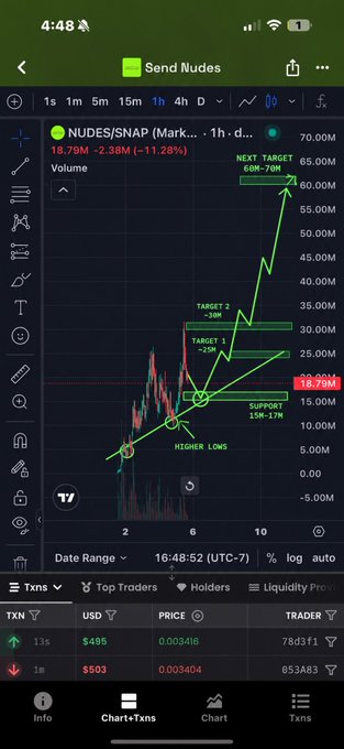A mobile TradingView chart displays NUDES/SNAP on a 1-hour timeframe with the current price at 18.79M (down -2.38M, -11.28%), featuring technical analysis annotations including "TARGET 1 25M," "TARGET 2 30M," "SUPPORT 15M-17M," "HIGHER LOWS," and a "NEXT TARGET 60M-70M" — aligning with the post's "Never sell your $NUDES" message by illustrating the token's bullish multi-target upside potential.