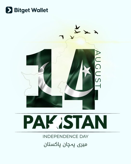 Bitget Wallet celebrates Pakistan's Independence Day on August 14th with a festive graphic featuring the number "14" filled with the Pakistani flag, a silhouette of the country's map, and birds flying against a sunrise, alongside "Pakistan Independence Day" and the Urdu greeting "مبارک ہے پاکستان" (Happy Pakistan).