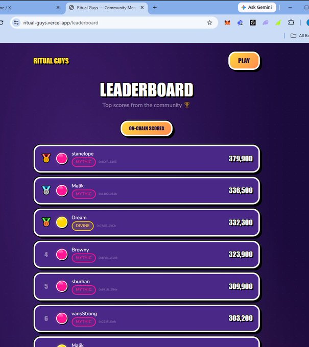 A screenshot of the 'Ritual Guys' community leaderboard webpage showing top on-chain scores, with 'stanelope' in first place at 379,900.