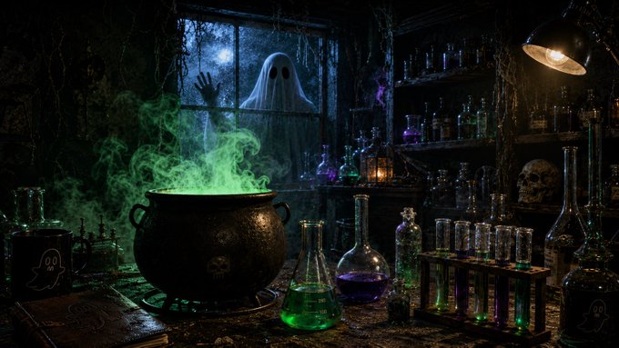 A spooky Halloween-themed scene showing a ghost peering through a window into a witch's laboratory filled with glowing green and purple potions in glass flasks, with a bubbling cauldron in the center.