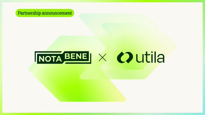 A 'Partnership announcement' graphic featuring the logos of NOTA BENE and Utila on a gradient green background.