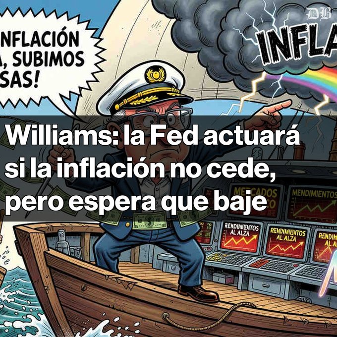 A cartoon illustration of a ship captain steering a boat through a storm, overlaid with the Spanish text "Williams: la Fed actuará si la inflación no cede, pero espera que baje," with screens in the background showing "RENDIMIENTOS AL ALZA" and a storm cloud labeled "INFLACIÓN."