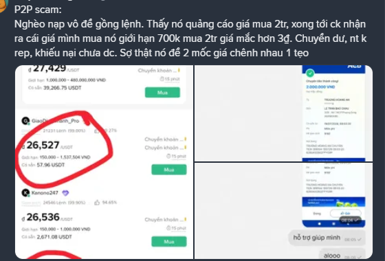 A screenshot in Vietnamese about a P2P scam, showing someone buying 2 million VND that escalated to 700k VND being valued higher than 3 billion VND, with screenshots of transactions and a red circle highlighting a suspicious entry.