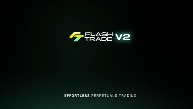 Dark promotional banner for FlashTrade V2 with the tagline 'EFFORTLESS PERPETUALS TRADING' and a stylized yellow/green 'F' logo.