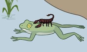A simple cartoon drawing depicts a green frog in a pond with a brown scorpion resting on its back.