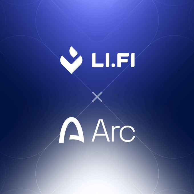 A promotional graphic on a blue gradient background displays the white logos for 'LI.FI' and 'Arc' separated by an 'x', indicating a partnership between the two crypto companies.