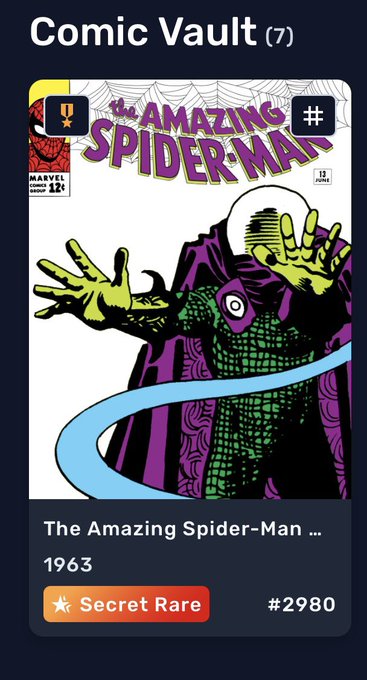 A mobile app screenshot of the 'Comic Vault' digital collectible app showing 'The Amazing Spider-Man #2980' from 1963, marked with a 'Secret Rare' label.