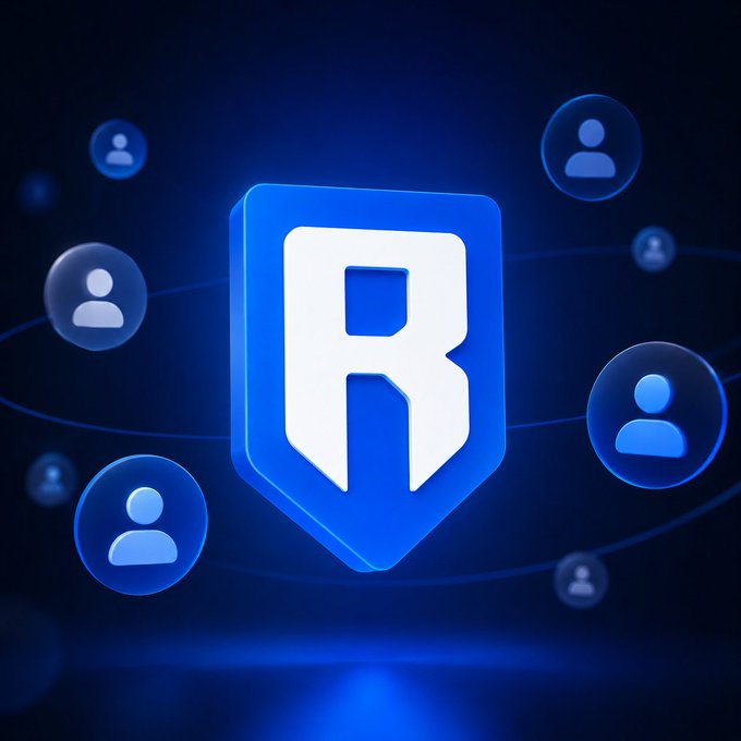 A glossy blue shield emblem featuring a bold white letter "R" is centered against a dark background, surrounded by floating user profile icons connected by subtle orbital lines, symbolizing a community network. The design visually reinforces the post's call to join the Ronin "follow train," with the surrounding avatar icons representing the network of users participating in the engagement chain.