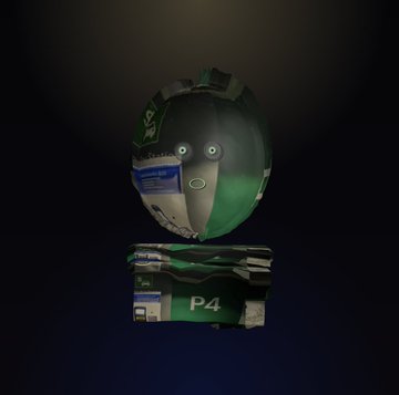 A dark 3D render of a floating, masked humanoid head with glowing white eyes, sitting above stacked rectangular blocks including one labeled 'P4'.