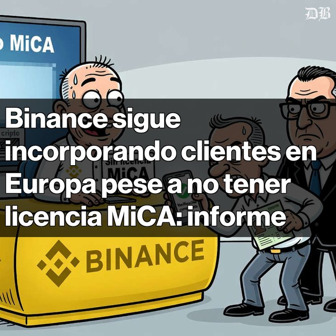 A cartoon image featuring a sweating man behind a Binance counter with text in Spanish: 'Binance sigue incorporando clientes en Europa pese a no tener licencia MiCA: informe'.