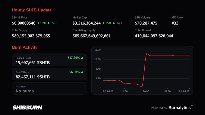 A dashboard titled 'Hourly SHIB Update' showing cryptocurrency statistics including SHIB Price ($0.00000546), Market Cap ($3,216,364,244), and a burn activity chart showing 317.29% increase.