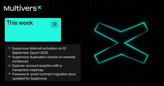 The MultiversX weekly development report highlights upcoming updates, including Supernova Mainnet activation on September 10, Epoch 2233, reward duplication checks, account analytics with a transaction heatmap, and smart contract migration docs updates.
