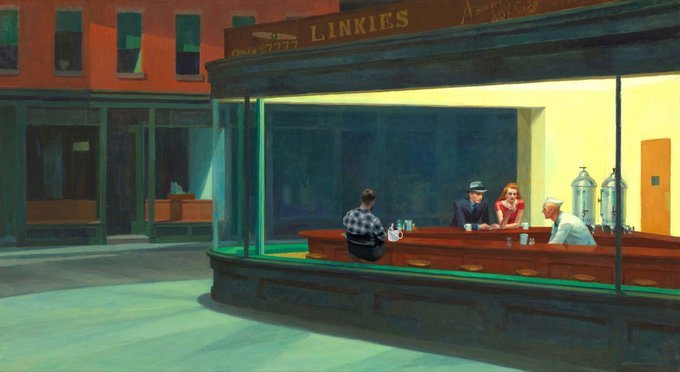 Edward Hopper's famous painting 'Nighthawks' (1942), depicting four people sitting at a brightly lit diner counter at night, with the sign 'LINKIES' visible above the window.