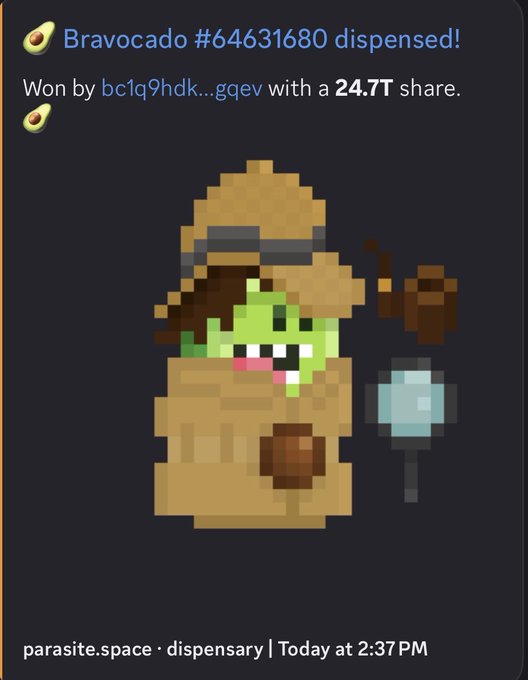 A pixel art image shows a green avocado character dressed as a scarecrow in brown clothing, with text 'Bravocado #64631680 dispensed! Won by bc1q9hdk...gqev with a 24.7T share.'