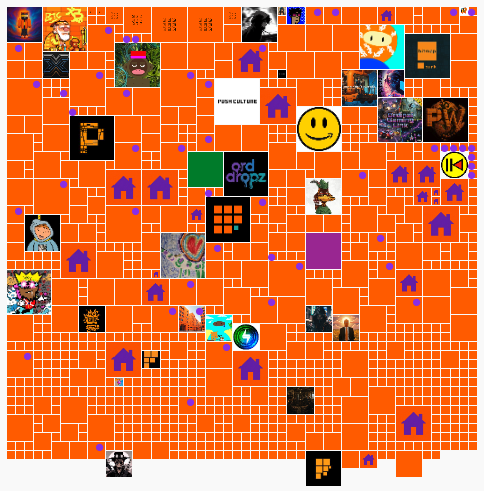 The image shows a collaborative pixel art canvas, likely from the 899995.bitmap project, featuring a grid filled with orange tiles, purple Bitcoin-like symbols, and various user-contributed artworks including a "PWK CULTURE" text piece, a yellow smiley face, an IHOP logo, and several small portraits and icons. The orange background and scattered memos/avatars suggest this is a community-driven NFT pixel canvas celebrating early contributors to the project.
