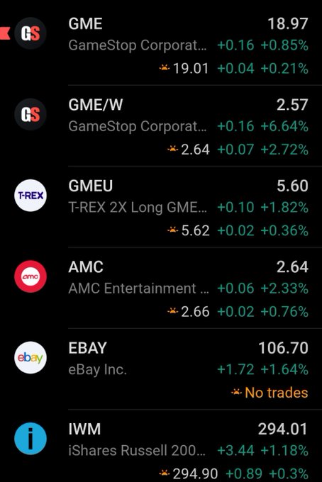 A stock market tracking screen displaying prices and changes for GME ($18.97), GME/W ($2.57), GMEU ($5.60), AMC ($2.64), EBAY ($106.70), and IWM ($294.01).