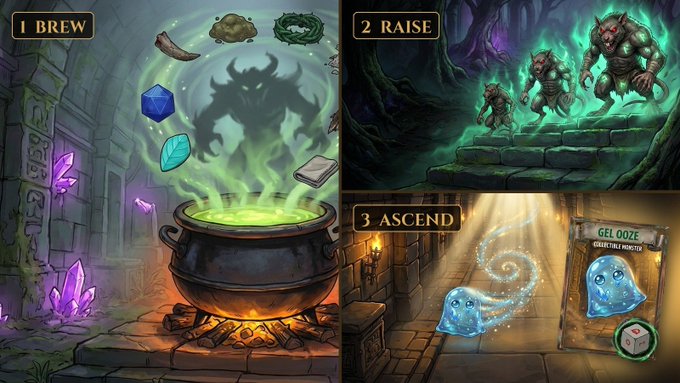 A three-panel fantasy game illustration showing progression steps: '1 BREW' with a green cauldron and ingredients, '2 RAISE' with horned creatures on stone steps, and '3 ASCEND' featuring a 'GEL OOZE' character card.