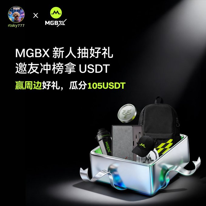 A promotional advertisement for 'MGBX' featuring a black background with a gift box containing various merchandise, with text promoting a new user drawing event and mentioning '105USDT'.