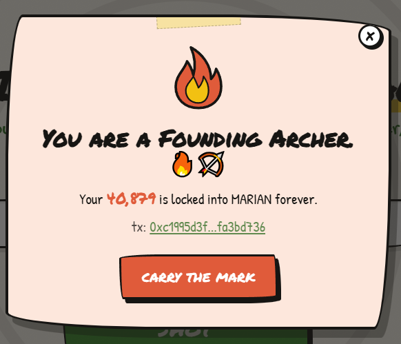 A game screen announces 'You are a Founding Archer' with fire and bow emojis, stating that ¥6,871 is locked into MARIAN forever, with a 'Carry the Mark' button.