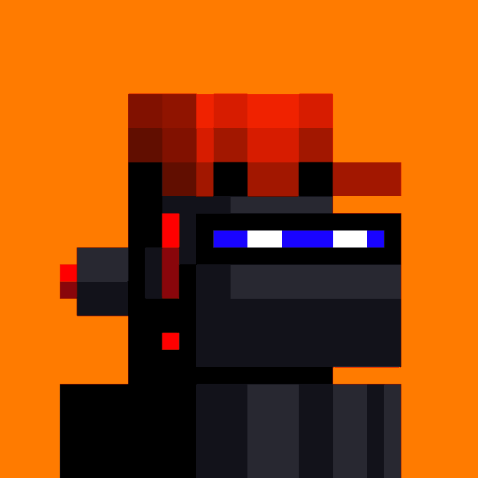 A pixel art style illustration of a red-hooded character with sunglasses holding what appears to be a gun or device, set against a solid orange background.