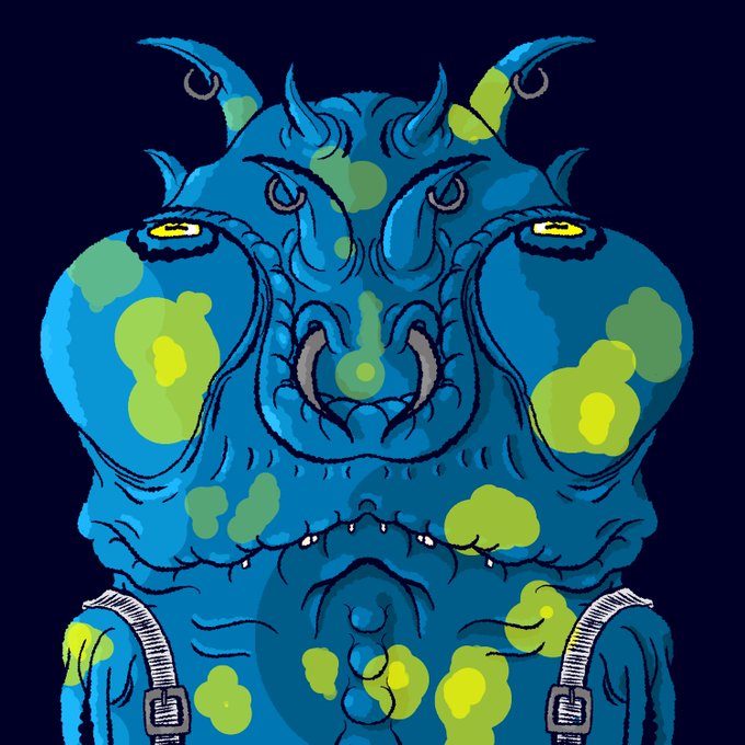A pixel-art illustration of a blue, three-horned monster with glowing yellow eyes and green spots, wearing suspenders, set against a dark background—fitting the "GM Legends" theme by depicting a legendary, mythic creature in a retro video game style.