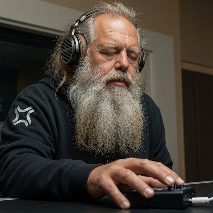 An older man with a long white beard and closed eyes wears over-ear headphones while resting his hand on a small audio device, embodying the meditative, zen-like state of focused trading described in the post—tuned in and listening to the market as a sensory experience rather than an active task.