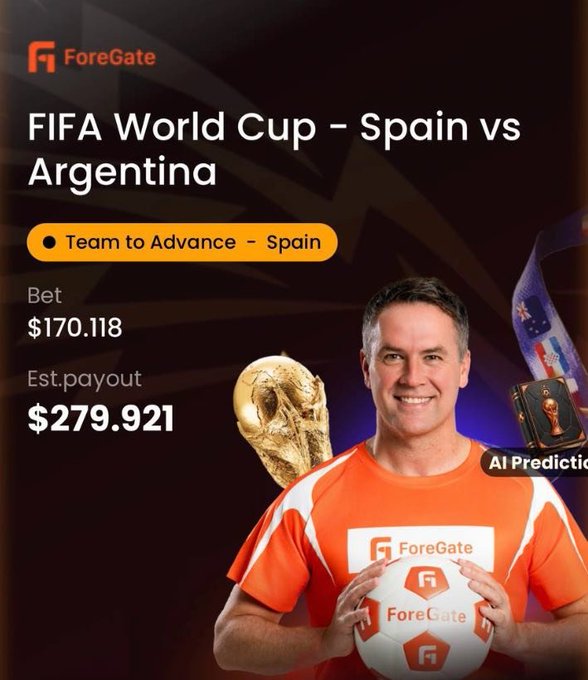 ForeGate sports betting app advertisement showing a FIFA World Cup prediction for Spain vs Argentina, with a $170.118 bet on Spain to advance and an estimated payout of $279.921, featuring a man holding a ForeGate-branded soccer ball.