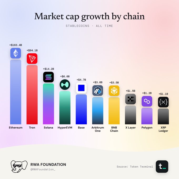 A bar chart titled 'Market cap growth by chain - STABLECOINS • ALL TIME' from RWA Foundation, showing Ethereum (+$163.4B), Tron (+$94.1B), Solana (+$14.2B), HyperEVM (+$6.6B), Base (+$4.7B), Arbitrum One (+$3.6B), BNB Chain (+$3.5B), X Layer (+$1.5B), Polygon (+$1.2B), and XRP Ledger (+$1.1B).