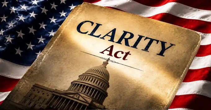 A worn document labeled 'CLARITY Act' rests on an American flag, displaying an image of the U.S. Capitol building.