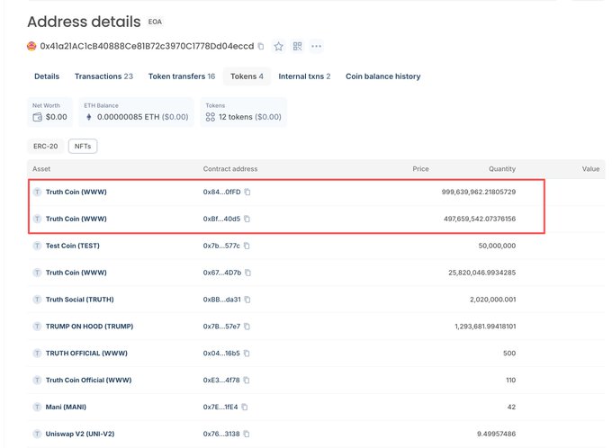Blockchain address details for EOA wallet 0x41a2A1Cb8408888Ce81B72c3970C177Bd04ecccd showing ERC-20 token holdings, with two large 'Truth Coin (WWW)' balances highlighted in red at contract addresses 0x84...0FFD and 0xBf...4Dd5.