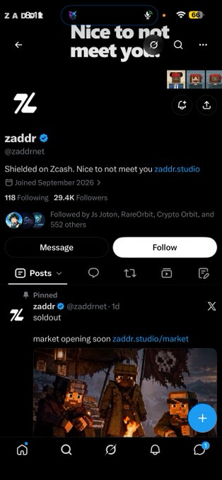 Screenshot of a Twitter/X profile page for 'zaddr' (@zaddrnet) showing the bio 'Shielded on Zcash. Nice to not meet you. zaddr.studio' with 29.4K followers and a pinned post about a market opening.
