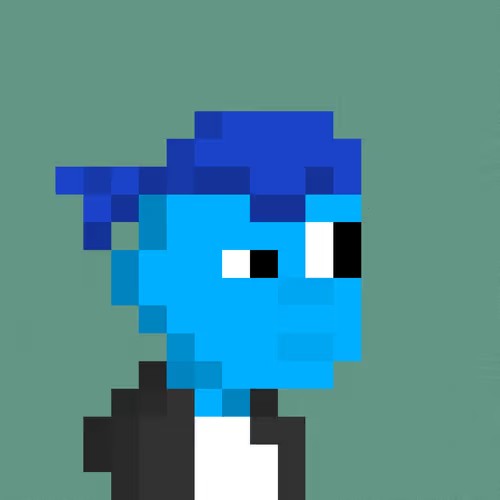 A pixel-art portrait of a blue-skinned character with dark blue hair and a black jacket on a teal background.