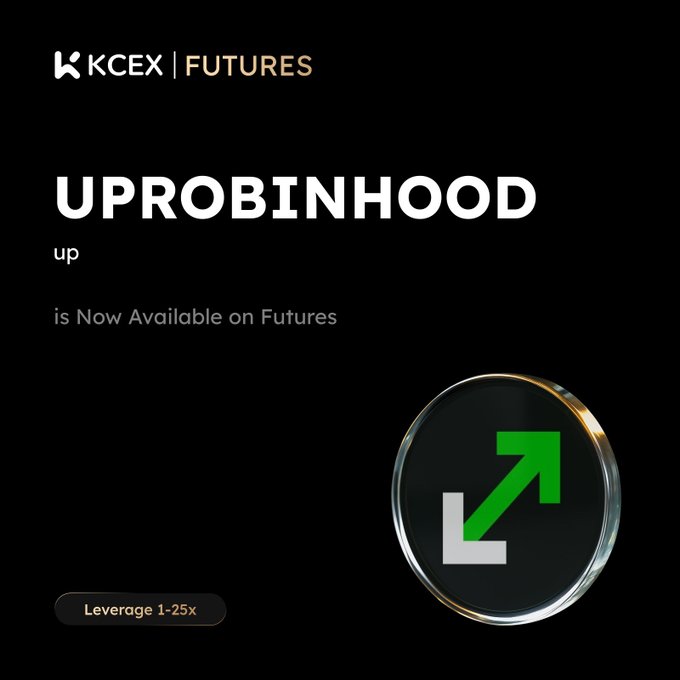 A black promotional graphic from KCEX Futures announcing that the UP token (UPROBINHOOD) is now available on futures, featuring a green upward arrow icon and 'Leverage 1-25x'.