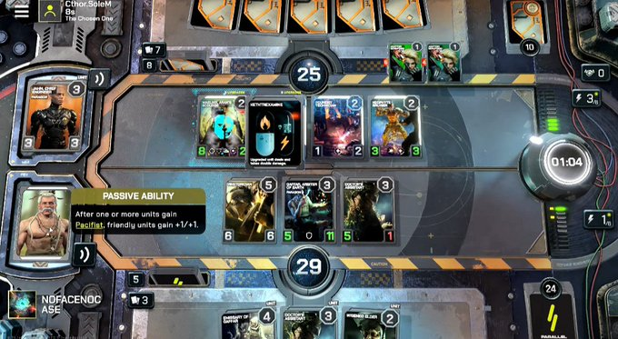A screenshot of a digital card game (appears to be Marvel Snap) showing a battle between players "Clitor.SoloM" and "NOFACENOGASE" with cards like Cloak, Sword Master, and a 25-29 score.