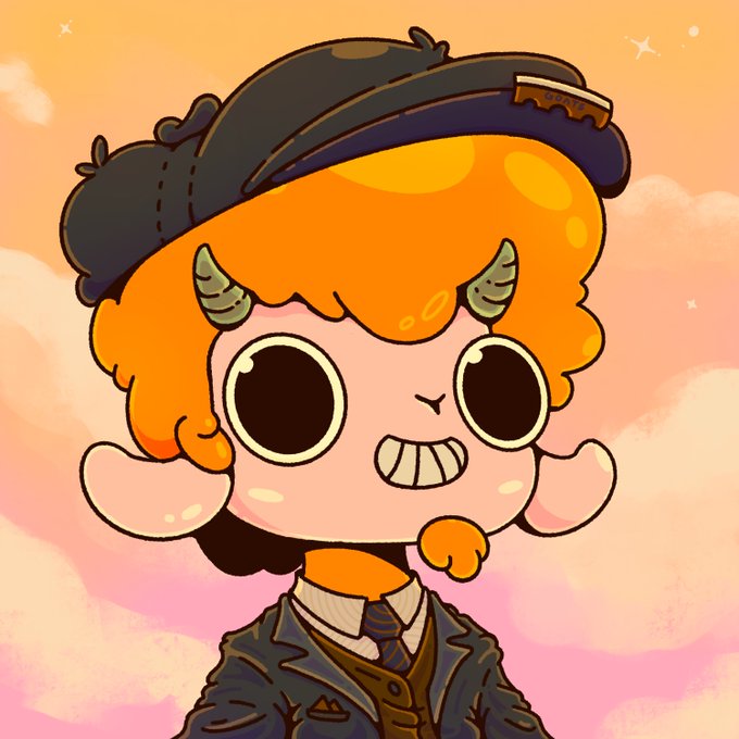Chibi-style digital art portrait of a character with orange curly hair, horns, and a black hat, wearing a suit with a tie and smiling widely against a pastel sunset sky.
