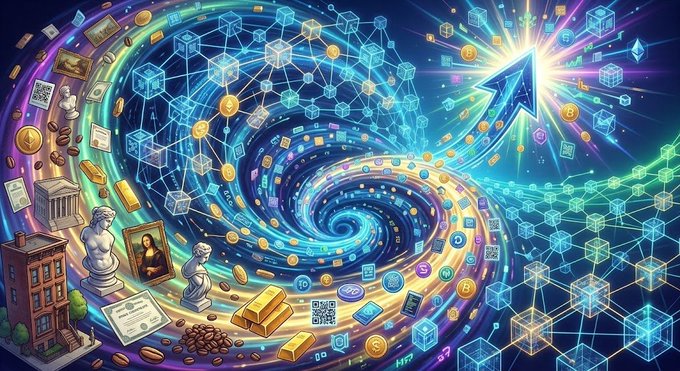 A vibrant digital illustration depicts a swirling vortex merging traditional assets like gold coins, classical sculptures, currency notes, and the Mona Lisa with futuristic blockchain cubes, QR codes, and cryptocurrency symbols, all flowing toward a glowing cursor arrow—symbolizing Robinhood CEO Vlad Tenev's vision of a "super tokenization cycle" swallowing up the entire financial system by blending legacy finance with on-chain tokenization.