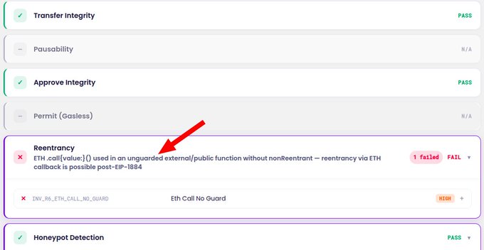 A security audit interface displays check results for a smart contract, with "Transfer Integrity," "Approve Integrity," and "Honeypot Detection" marked as PASS, while "Reentrancy" is flagged as FAIL with a red arrow pointing to it. The accompanying post indicates this audit relates to The Sandbox's $SAND token on Base being exploited through a forged LayerZero message, highlighting vulnerabilities that OFT deployers should be aware of.