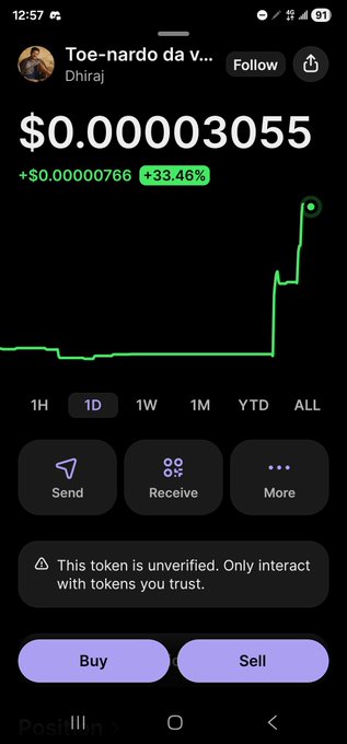The image shows a crypto token chart for "$Dhiraj" (Toe-nardo da v...) displaying a price of $0.000003055 with a +33.46% gain ($0.00000766 increase), accompanied by a "This token is unverified" warning. The sharp upward spike in the green chart visually supports the post's claim that $Dhiraj is "still looking Green" and encourages viewers to buy.