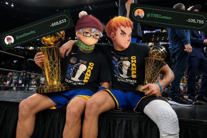 Two basketball players in Golden State Warriors 2021-2022 NBA Championship shirts and championship hats hold trophies, with their faces edited to anime characters; overlay texts show social handles '@nathweb3' and '@THELamce' with negative point values (-668,833 and -105,755).