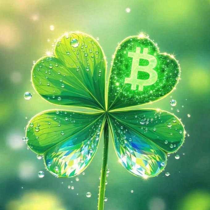 A digitally created, sparkling four-leaf clover with water droplets, featuring a Bitcoin symbol on the top right leaf and a faceted diamond pattern on the bottom right leaf.