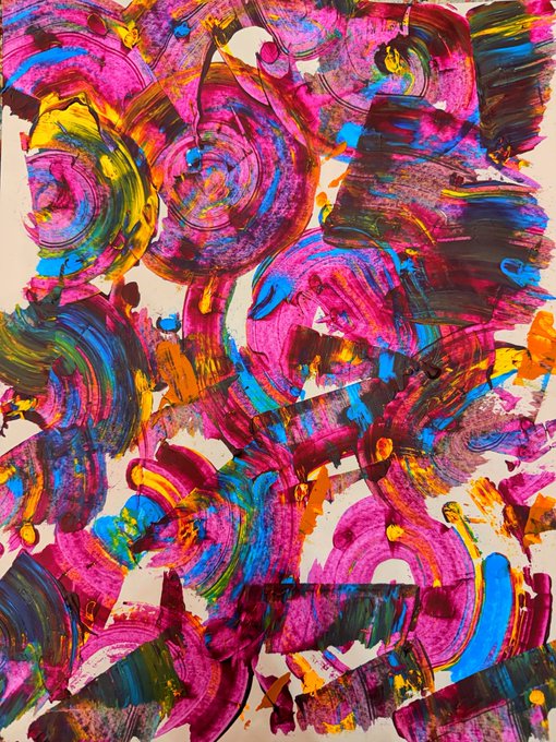 An abstract artwork features thick, swirling brushstrokes of vibrant pink, blue, yellow, and green paint layered over collaged paper elements.