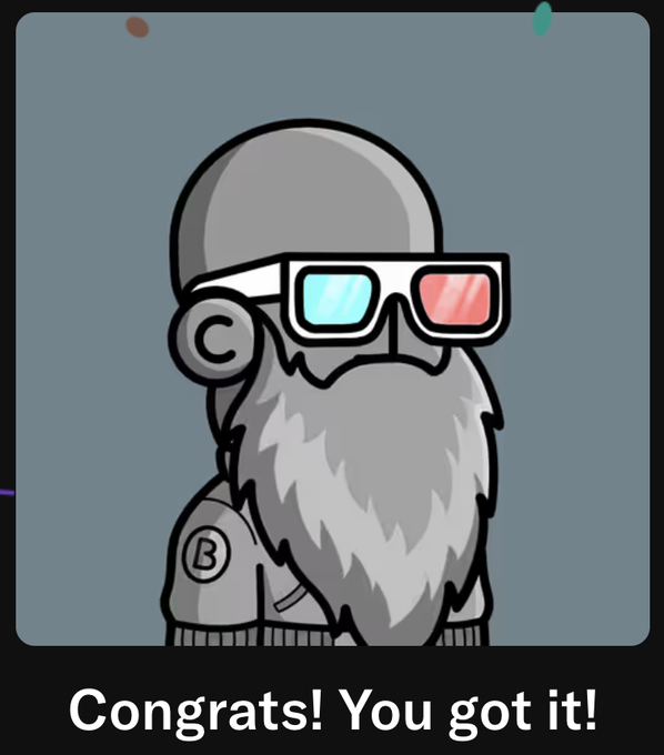 A cartoon illustration of a gray-bearded figure wearing 3D glasses is shown with the text "Congrats! You got it!"