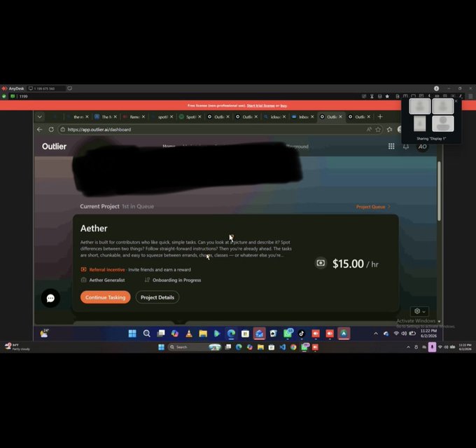The image shows a computer screen with an open web browser window displaying a page from Outer. The text on the screen reads "Aether got, now time to pass the assessment", indicating that the user has completed their assessment or task for this project.