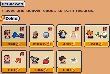 A mobile game interface displays a 'Deliveries' screen where players travel to deliver goods for coin rewards, showing character icons with items like grapes, shields, and apples priced at varying amounts.